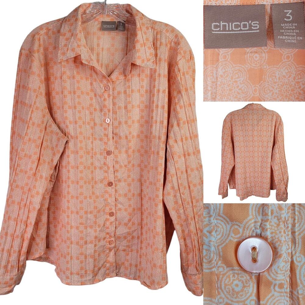 Chicos Shirt Size 3 Womens US XL Orange Long Sleeve Collared Button Up Blouse